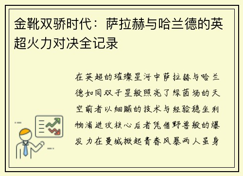 金靴双骄时代：萨拉赫与哈兰德的英超火力对决全记录